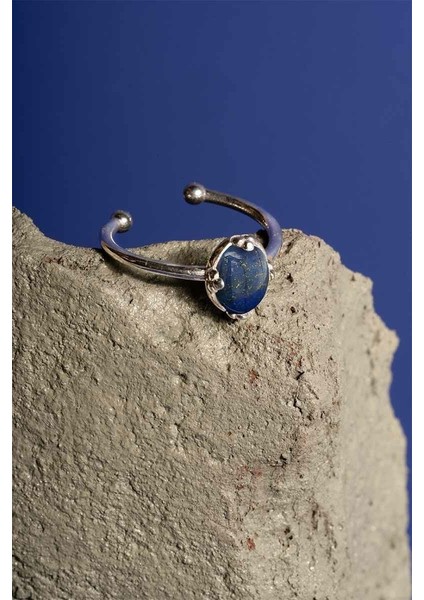 Lapis Lazuli Taşlı Minimal Gümüş Ayarlanabilir Kadın Yüzük Gümüş Rengi - 12