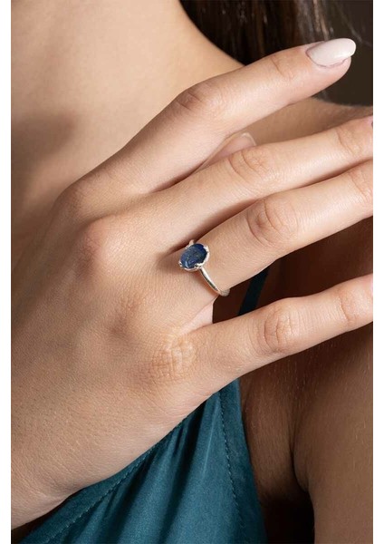 Lapis Lazuli Taşlı Minimal Gümüş Ayarlanabilir Kadın Yüzük Gümüş Rengi - 12