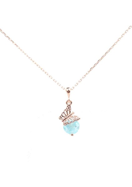 925 Ayar Gümüş Buzlu Akuamarin Taşlı Kelebek Kolye