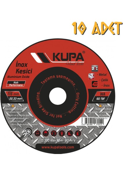 Kupa Inox Metal Çelik Kesme Taşı 115 Mm. - 10 Adet