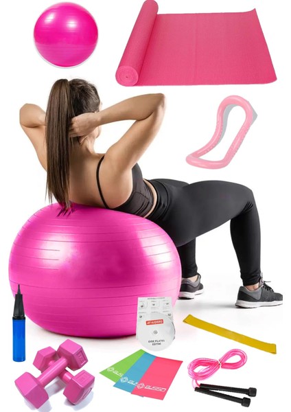 13 Lü Pilates Seti Topu 3 Lü Pilates Bandı Lastiği Dambıl Minder Atlama Ipi Yoga Yüzüğü Pembe