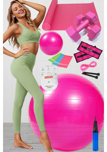 12 Li Pilates Seti Topu 3 Lü Pilates Bandı Lastiği Dambıl Minder Atlama Ipi Bilek Ağırlık Pembe
