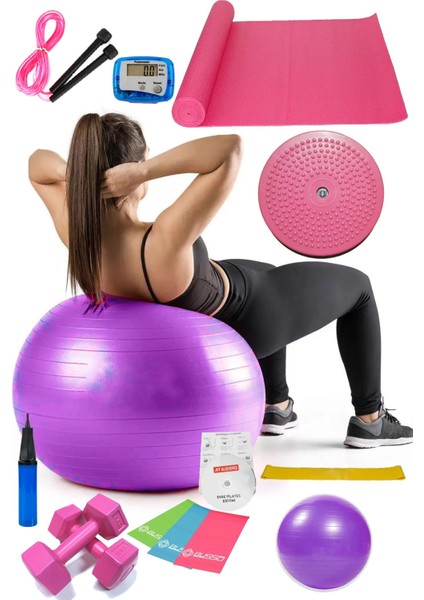 14 Lü Pilates Seti Topu 3 Lü Pilates Bandı Dambıl Minder Atlama Ipi Twister Aerobik Adımsayar Mor