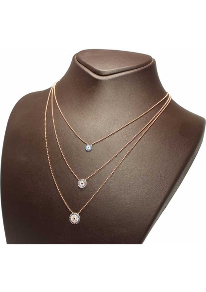 925 Ayar Rose Gümüş Nazar Boncuklu 3 Zincir Kolye fiyatları