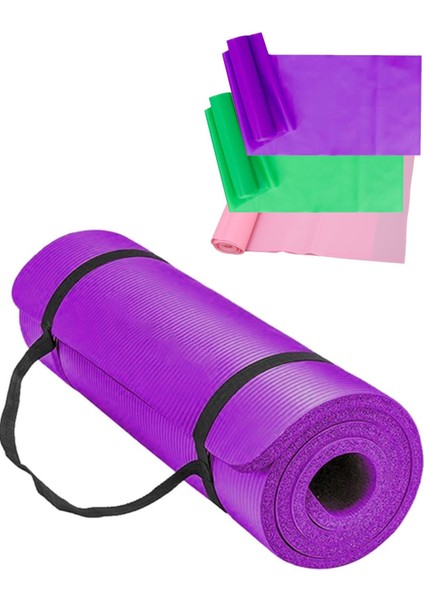 15 mm Taşıma Askılı Pilates Minderi 1.5 cm Pilates Minderi Mati + 3 Lü Direnç Pilates Bandı Lastiği