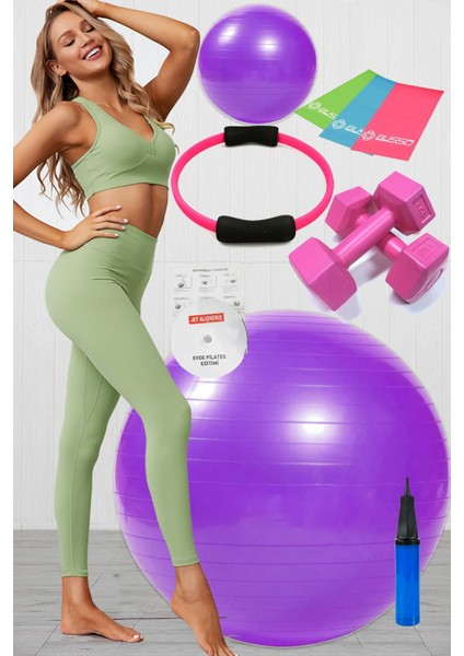 10 Lu Pilates Topu Seti Takımı 3 Lü Pilates Bandı Lastiği 1 kg Dambıl, Pilates Çemberi Mor