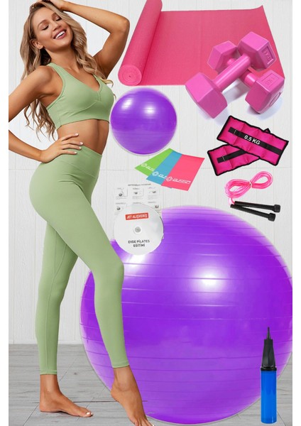 12 Li Pilates Seti Topu 3 Lü Pilates Bandı Lastiği Dambıl Minder Atlama Ipi Bilek Ağırlık Mor