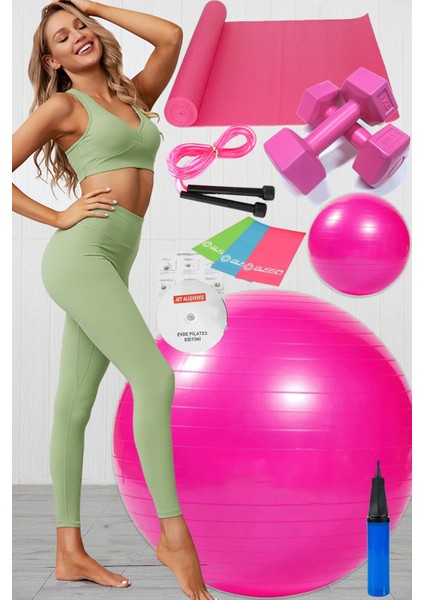 11 Li Pilates Seti Takımı Topu 3 Lü Pilates Bandı Lastiği Dambıl Mat Minder Atlama Ipi Set Pembe