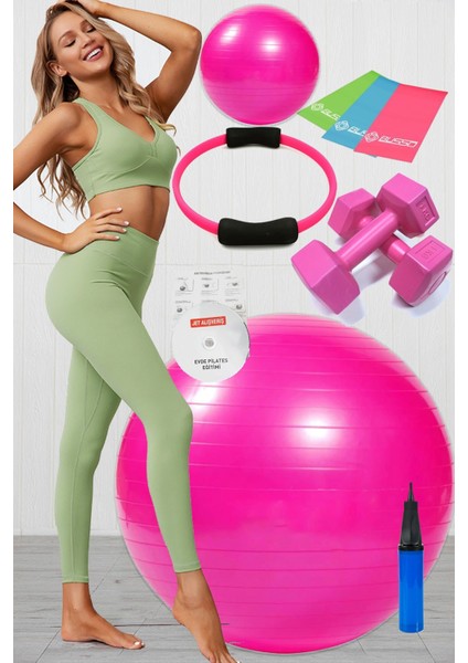 10 Lu Pilates Topu Seti Takımı 3 Lü Pilates Bandı Lastiği 1 kg Dambıl, Pilates Çemberi Pembe