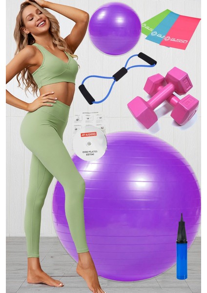 10 Lu Pilates Topu Seti Takımı 3 Lü Pilates Bandı Lastiği 1 kg Dambıl Direnç Tübülü Set Mor
