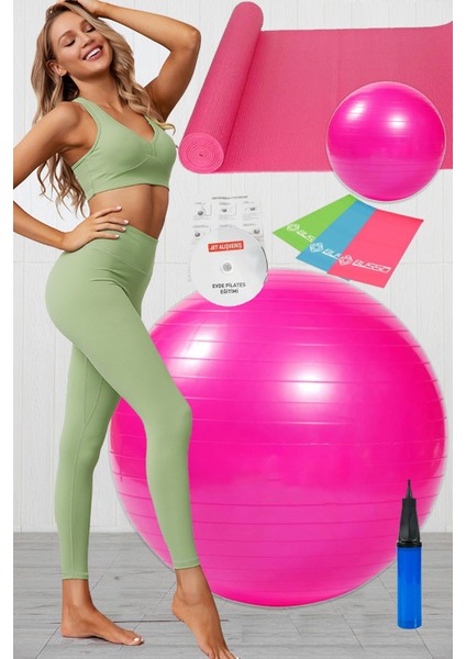 9 Lu Pilates Seti Plates Takımı Pilates Topu Minderi Mat Pompa Denge 3 Lü Direnç Bandı Lastiği Pembe