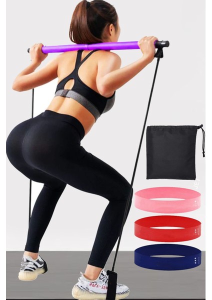 Squat Seti Pilates Studio Egzersiz Çubuğu Squat Pilates Barı Plates Çantalı Aerobik Bandı 3'lü Set