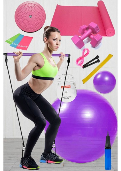 14 Lü Pilates Seti Topu 3 Lü Pilates Bandı Dambıl Minder Ip Twister Pilates Studio Barı Mor