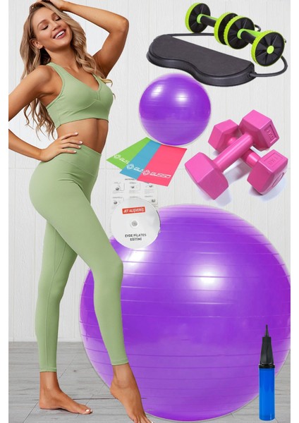 10 Lu Pilates Topu Seti Takımı 3 Lü Pilates Bandı Lastiği 1 kg Dambıl, Tekerlekli Spor Aleti Mor