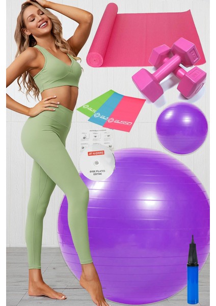 10 Lu Pilates Topu Seti Takımı 3 Lü Pilates Bandı Lastiği 1 kg Dambıl, Pilates Minderi Mat Mor