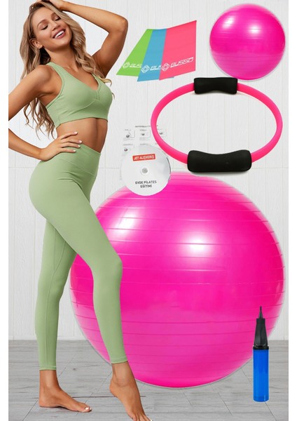 9 Lu Pilates Seti Plates Takımı Pilates Topu Pilates Çemberi Ring 3 Lü Direnç Bandı Lastiği Pembe
