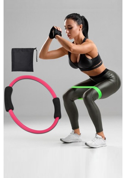 Pilates Çemberi ve Çantalı Aerobik Bandı Seti Squat Lateks Direnç Lastiği 2 Li Plates Set