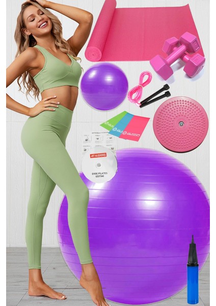 12 Li Pilates Seti Takımı Topu 3 Lü Pilates Bandı Lastiği Dambıl Minder Mat Atlama Ipi Twister Mor