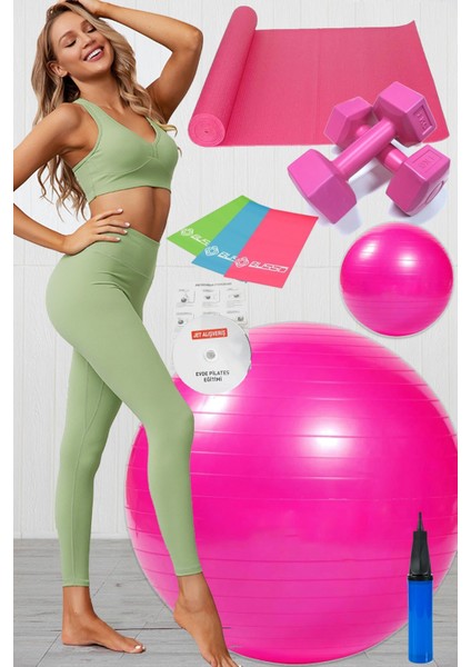 10 Lu Pilates Topu Seti Takımı 3 Lü Pilates Bandı Lastiği 1 kg Dambıl, Pilates Minderi Mat Pembe