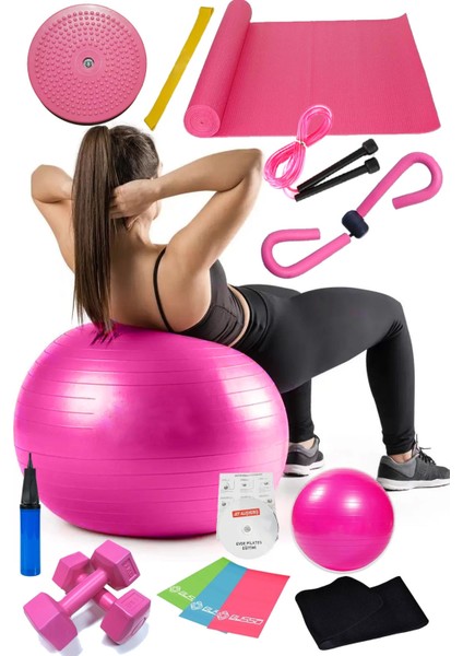 15 Li Pilates Seti Topu Pilates Bandı Dambıl Minder Atlama Ipi Twister Aerobik Kemer Kelebek Pembe