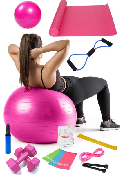 13 Lü Pilates Seti Topu 3 Lü Pilates Bandı Lastiği Dambıl Minder Atlama Ipi Direnç Lastiği Pembe