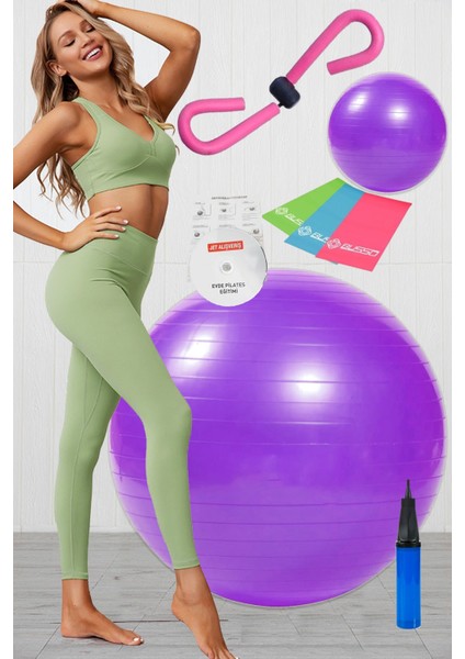 9 Lu Pilates Seti Plates Takımı Pilates Topu Thigh Master Kelebek 3 Lü Direnç Bandı Lastiği Mor