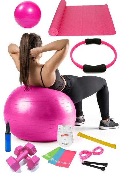 13 Lü Pilates Seti Topu 3 Lü Pilates Bandı Lastiği Dambıl Minder Atlama Ipi Pilates Çemberi Pembe