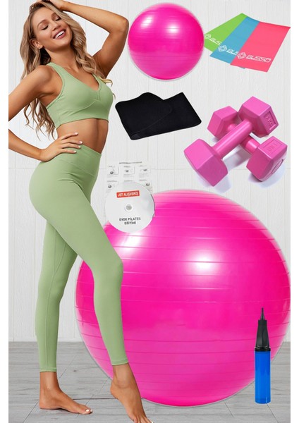 10 Lu Pilates Topu Seti Takımı 3 Lü Pilates Bandı Lastiği 1 kg Dambıl Zayıflama Kemeri Set Pembe