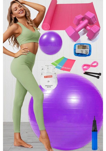 12 Li Pilates Seti Topu 3 Lü Pilates Bandı Lastiği Dambıl Minder Atlama Ipi Adımsayar Mor