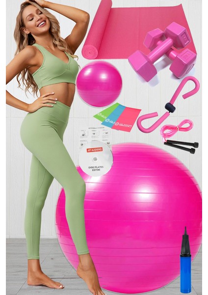 12 Li Pilates Seti Topu 3 Lü Pilates Bandı Lastiği Dambıl Minder Atlama Ipi Zayıflama Kemeri Pembe