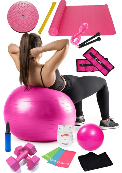 15 Li Pilates Seti Topu Pilates Bandı Dambıl Minder Atlama Ipi Twister Aerobik Kemer Ağırlık Pembe