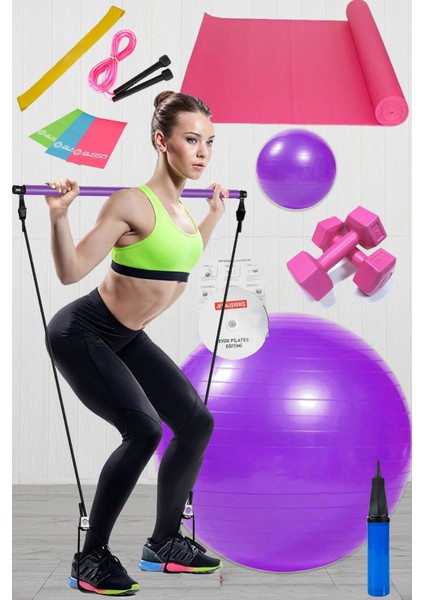 13 Lü Pilates Seti Topu 3lü Pilates Bandı Lastiği Dambıl Minder Mat Atlama Ipi Pilates Studio Barı