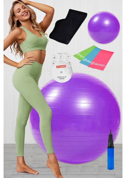 9lu Pilates Seti Plates Takımı Pilates Topu Zayıflama Kemeri Pompa 3lü Direnç Bandı Lastiği Mor