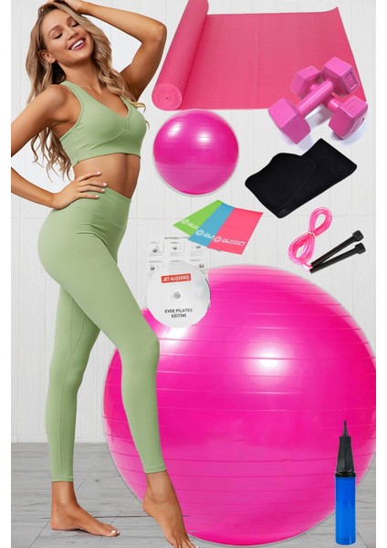 12 Li Pilates Seti Topu 3 Lü Pilates Bandı Lastiği Dambıl Minder Atlama Ipi Zayıflama Kemeri Pembe