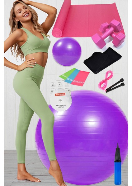 12 Li Pilates Seti Topu 3 Lü Pilates Bandı Lastiği Dambıl Minder Atlama Ipi Zayıflama Kemeri Mor
