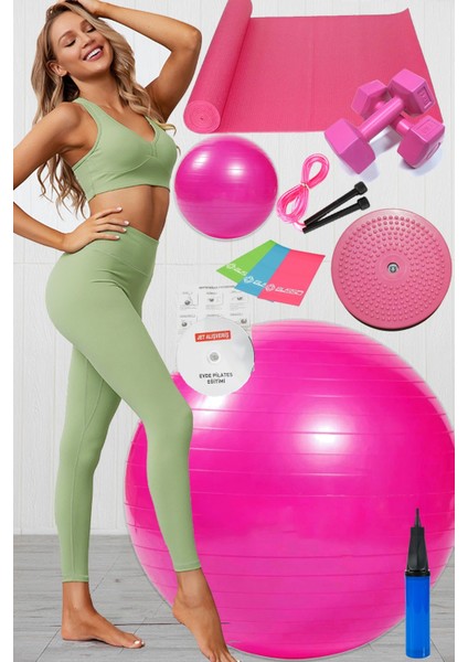 12 Li Pilates Seti Takımı Topu 3 Lü Pilates Bandı Lastiği Dambıl Minder Mat Atlama Ipi Twister Pembe
