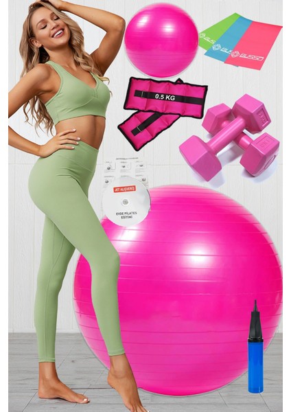 10 Lu Pilates Topu Seti Takımı 3 Lü Pilates Bandı Lastiği 1 kg Dambıl, Bilek Ağırlığı Set Pembe