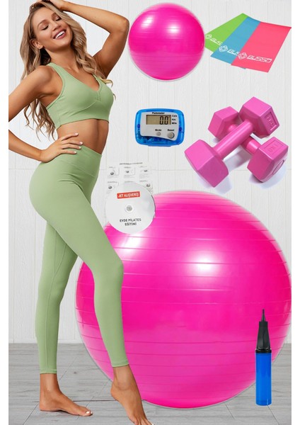 10 Lu Pilates Topu Seti Takımı 3 Lü Pilates Bandı Lastiği 1 kg Dambıl, Adımsayar Pedometre Pembe