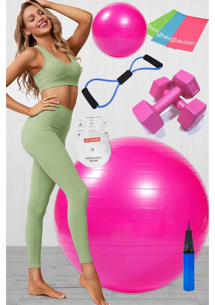 10 Lu Pilates Topu Seti Takımı 3 Lü Pilates Bandı Lastiği 1 kg Dambıl Direnç Tübülü Set Pembe