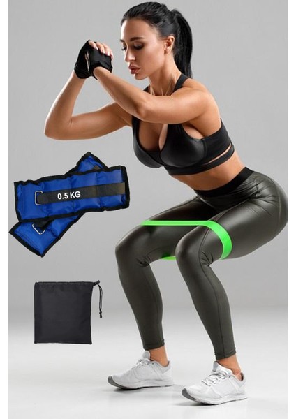 Çantalı Squat Bandı ve Kum Torbası 0.5kg Bilek Ağırlığı Seti Pilates Plates Aerobik Direnç Lastiği