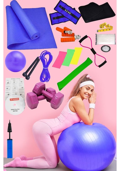 20 Li Evde Pilates Seti Full Plates Aerobik Minderi Topu Dambıl 3 Lü Jimnastik Lastiği Bandı (Mavi)