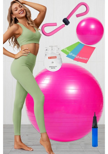 9 Lu Pilates Seti Plates Takımı Pilates Topu Thigh Master Kelebek 3 Lü Direnç Bandı Lastiği Pembe