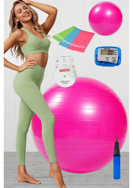 9 Lu Pilates Seti Plates Takımı Pilates Topu Adımsayar Pompa Denge 3 Lü Direnç Bandı Lastiği Pembe