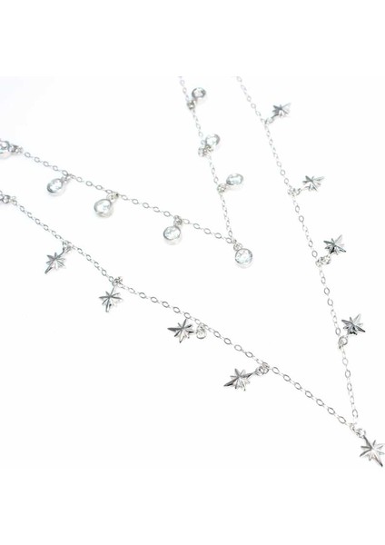 925 Ayar Gümüş Kuzey Yıldızı Ve Taşlı 2 Zincir Kolye