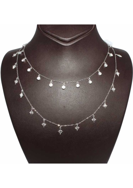 925 Ayar Gümüş Kuzey Yıldızı Ve Taşlı 2 Zincir Kolye fiyatları