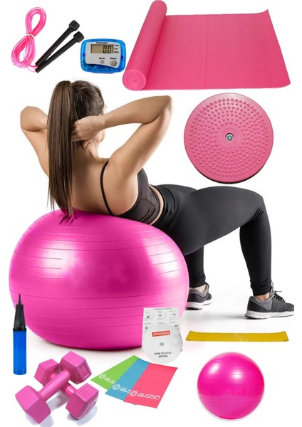 14 Lü Pilates Seti Topu 3 Lü Pilates Bandı Dambıl Minder Atlama Ipi Twister Aerobik Adımsayar Pembe