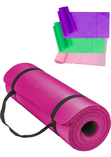15 mm Taşıma Askılı Pilates Minderi 1.5 cm Pilates Minderi Mati + 3 Lü Direnç Pilates Bandı Lastiği