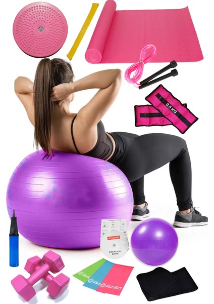 15 Li Pilates Seti Topu Pilates Bandı Dambıl Minder Atlama Ipi Twister Aerobik Kemer Ağırlık Mor