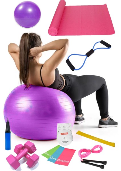 13 Lü Pilates Seti Topu 3 Lü Pilates Bandı Lastiği Dambıl Minder Atlama Ipi Direnç Lastiği Mor