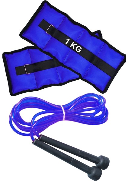 Mavi El Ayak Bilek Ağırlığı Cırtlı ve Atlama Ipi Seti 1kg x 2ADET Bilek Ağırlık Kum Torbası 1 kg